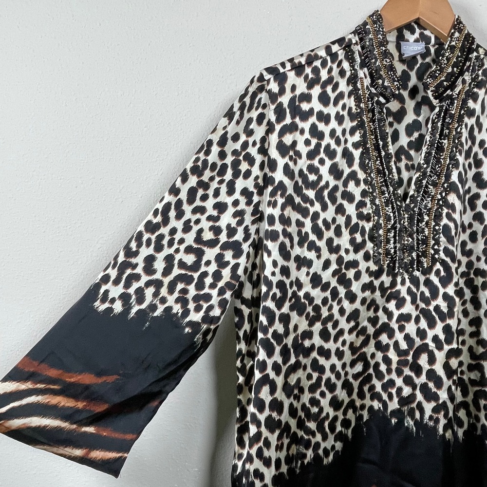 Chico's Leopard Print Beaded Collar Tunic Shirt Womens 2 Large Brown Sequin Glam - Picture 3 of 10